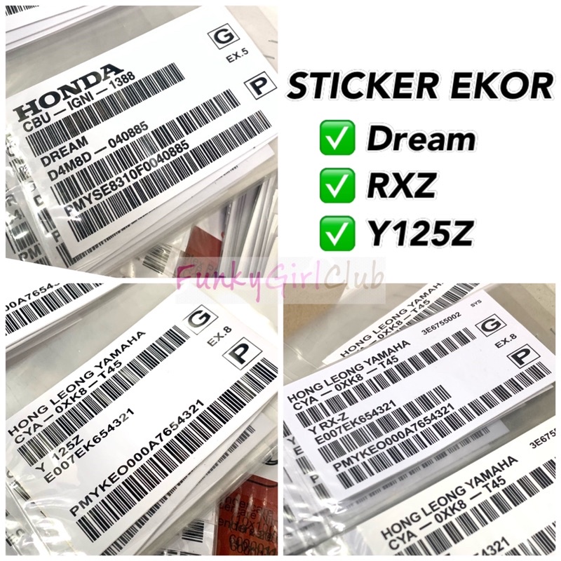 STICKER EKOR BARCODE YAMAHA HONDA EX5 DREAM Y125Z RXZ Y125ZR Y125 REAR ...