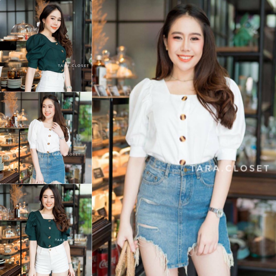 TUM039 TARA Sara Square Neck Blouse With Puff Sleeves And Front Buttons ...