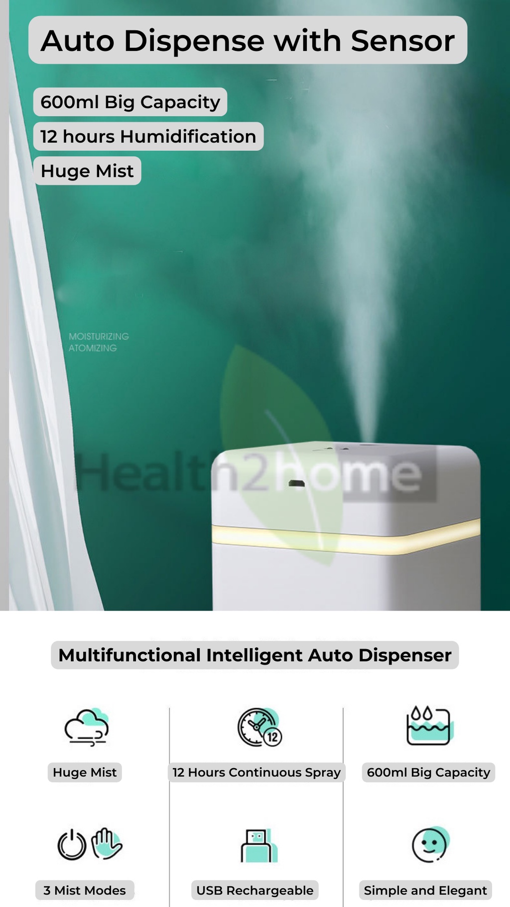 600ml Rechargeable Auto Dispenser for Air Sanitizer Humidifier with ...