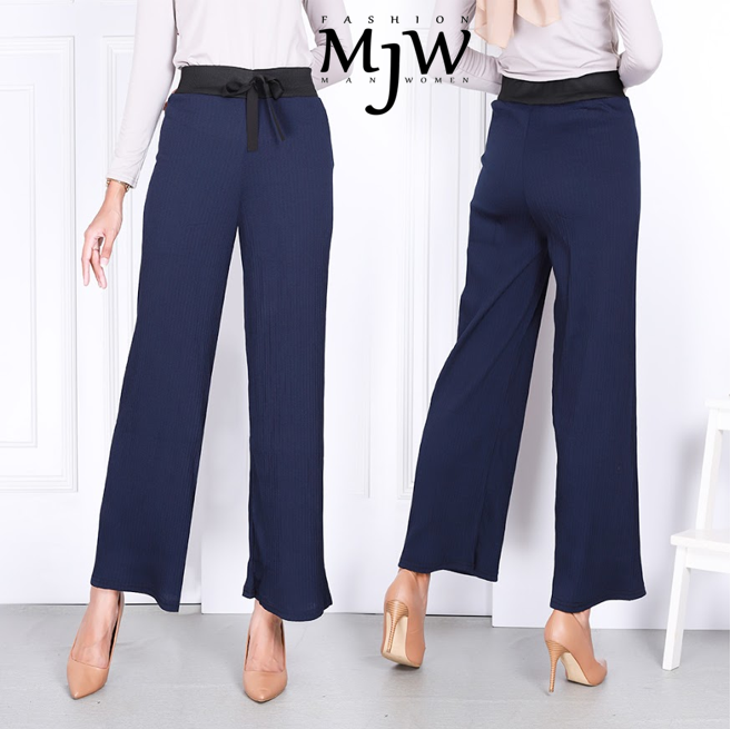 Seluar Wanita Women Pant Black Tie Belt Straight Elastic Long