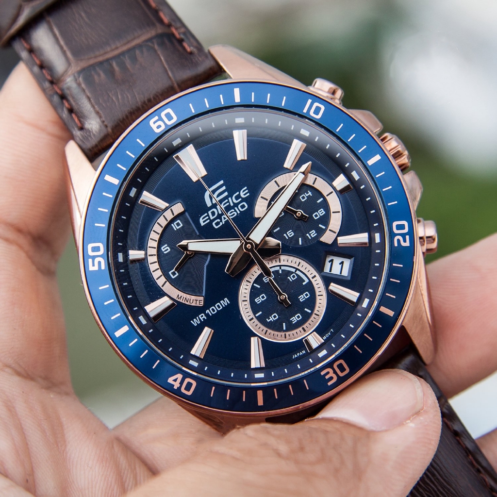 OFFICIAL WARRANTY Casio Edifice EFR 552GL 2A Chronograph 100M Blue Rose Gold Dial Dark Brown Leather Strap Men Watch Shopee Malaysia