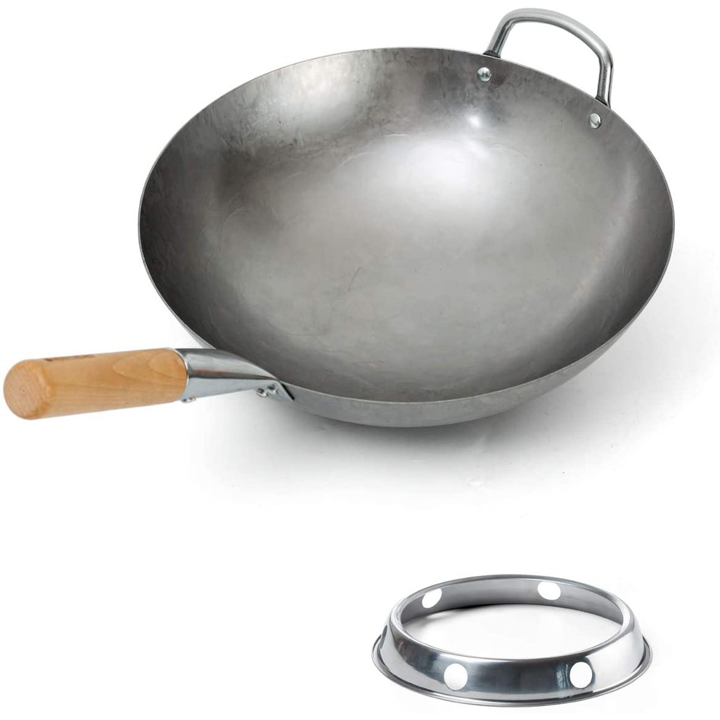 Bielmeier Hand Hammered Wok pan 14",Carbon Steel Wok with Wok Ring