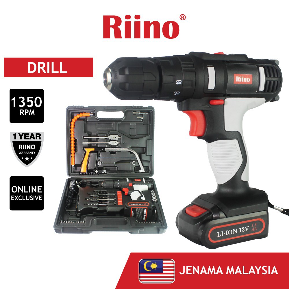 Riino 3 in 1 Cordless Impact Drill Set Double Speed Pro Screwdriver Power Tools Kit with Box Case 12V PLI12S Shopee Malaysia