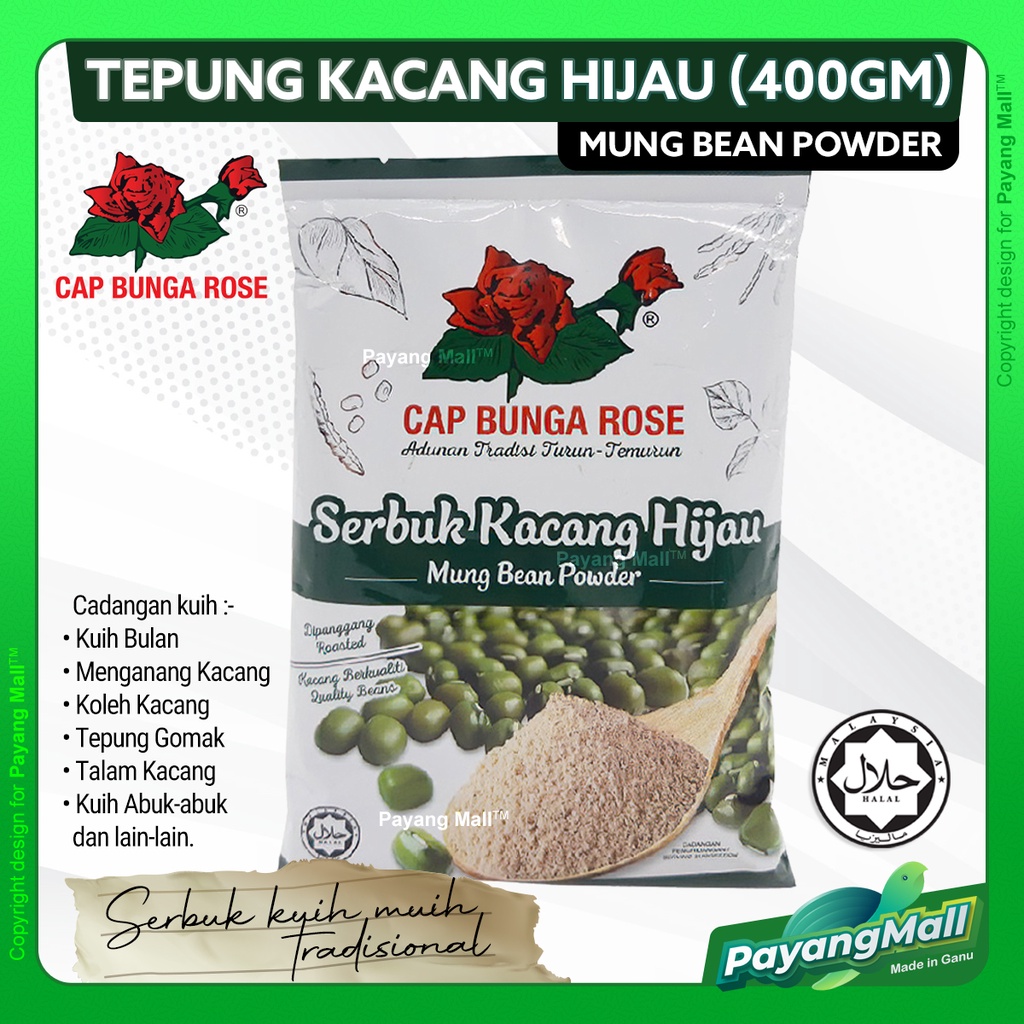 Tepung Serbuk Kacang Hijau Mung Green Bean Flour Cap Bunga Rose 400g