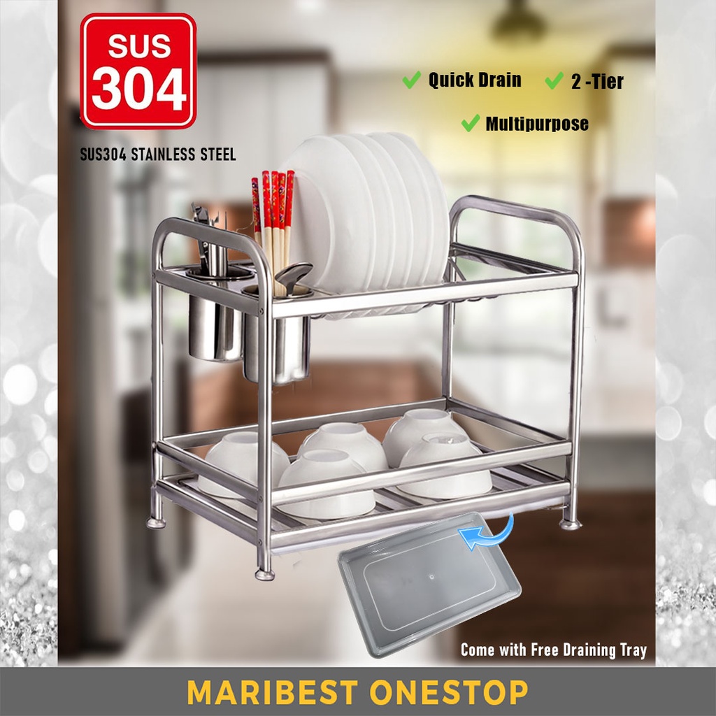 XC1007 2 TIER SUS 304 STAINLESS STEEL DISH RACK MULTIPURPOSE CULTERY CHOPSTICK BOWL PLATE