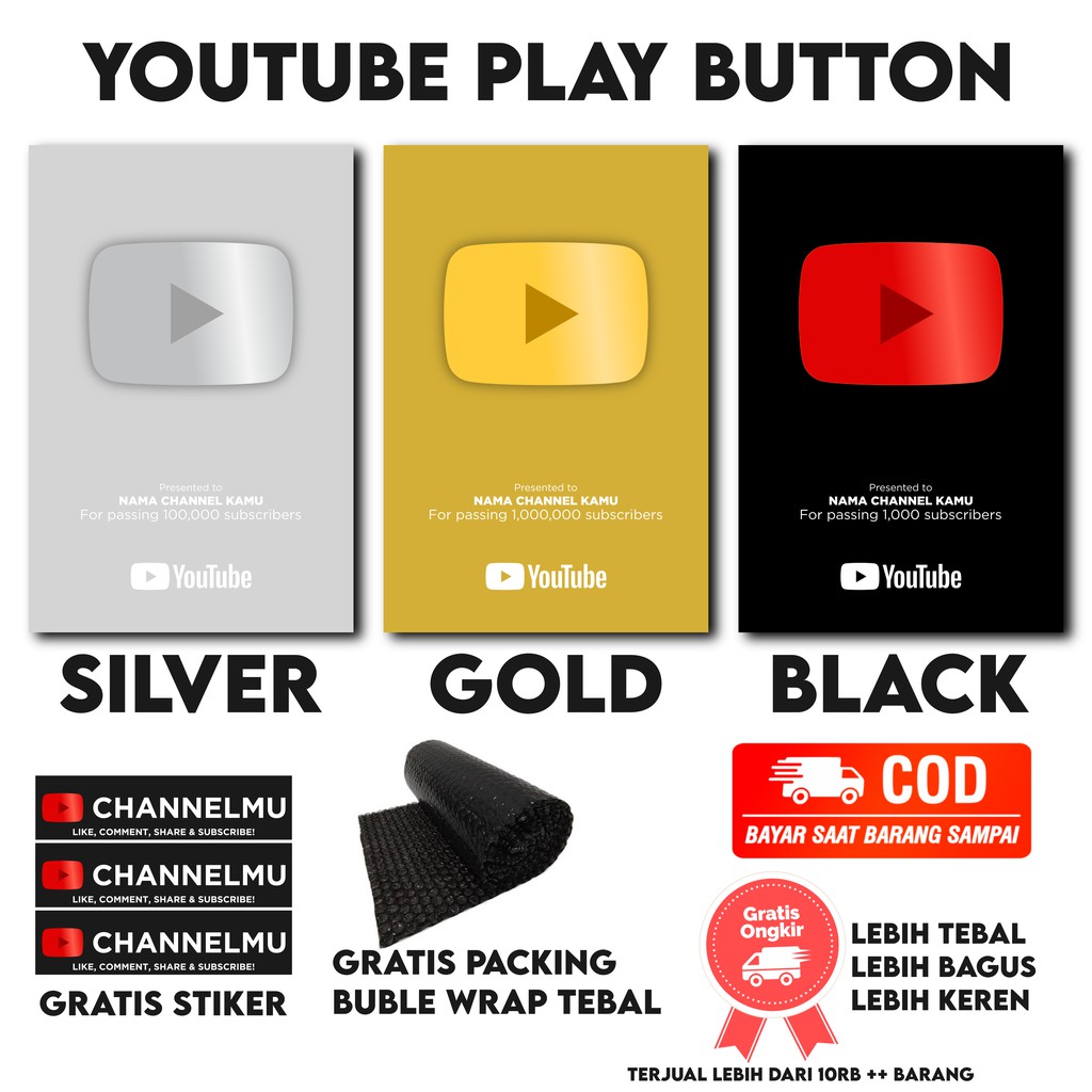 YOUTUBE PLAY BUTTON GOLD SILVER BLACK FREE STICKER | Shopee Malaysia