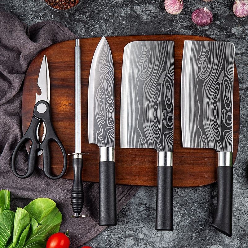 6 in 1 Knife Set Stainless Steel Japanese Damascus Knife with Black Oxidation iron Kitchen Chef