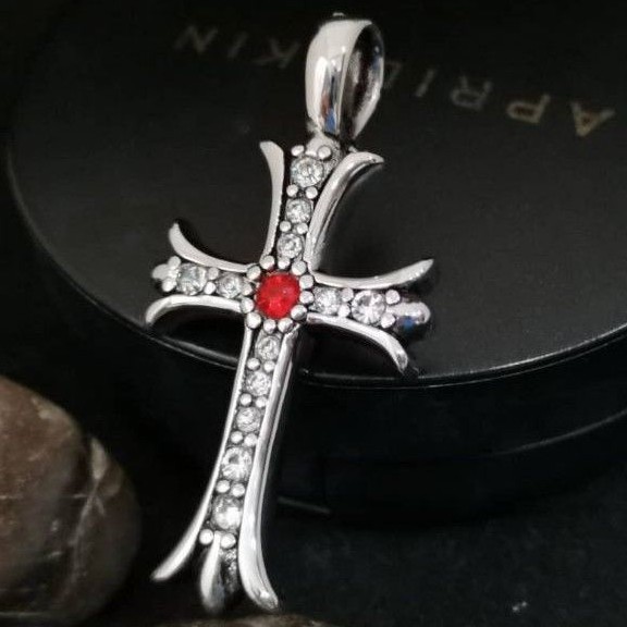 Men's Stainless Steel Chrome hearts Cross Pendant With 4mm Red ...