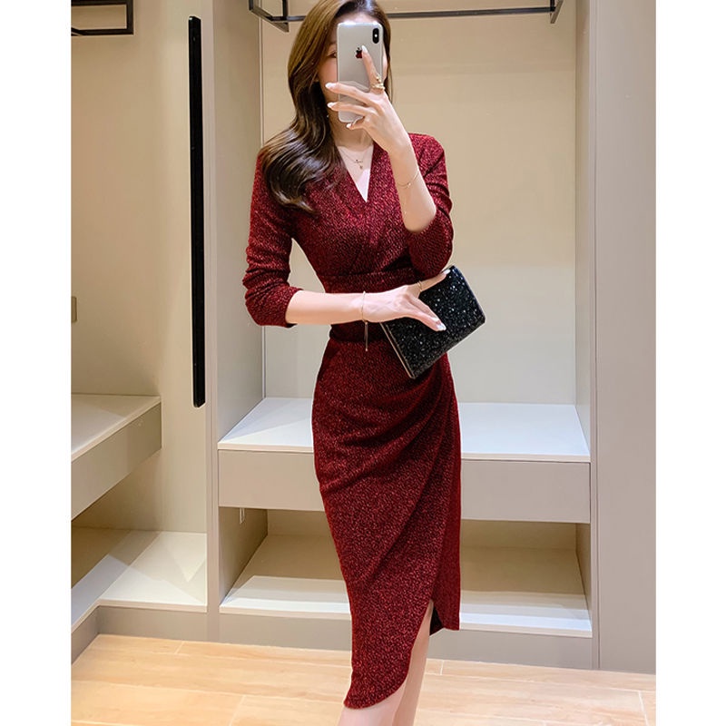 Women Clothes Spring and Autumn New Fashion V-neck Slit Base Dress ...