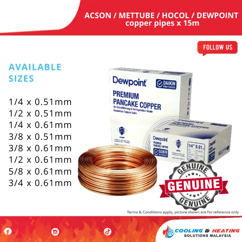 Copper Pipe 0.61mm Mettube UR Dewpoint Hocol HyperTube Daikin Acson ...