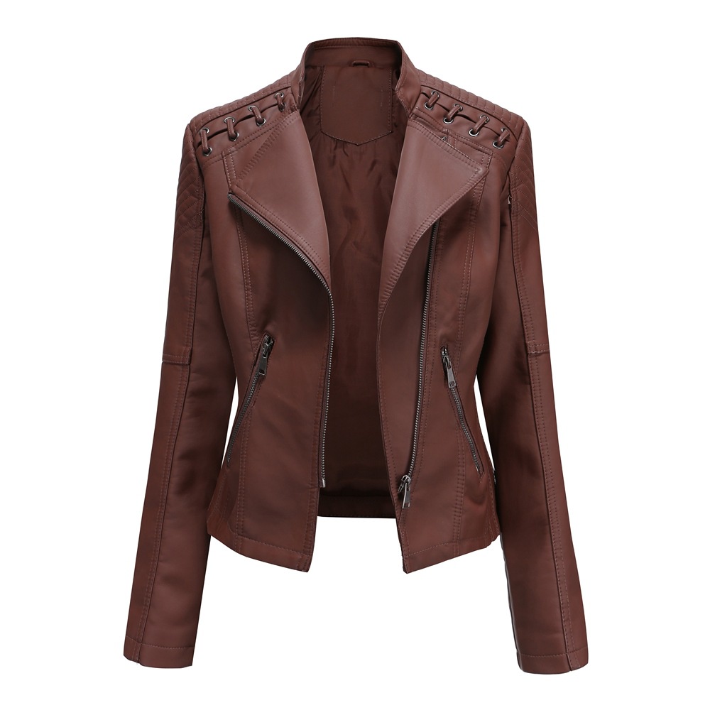 BULINGNA Women s Faux Leather Jacket Long Sleeve Lapel Zip Up Moto Biker Short Coat with Pockets Shopee Malaysia