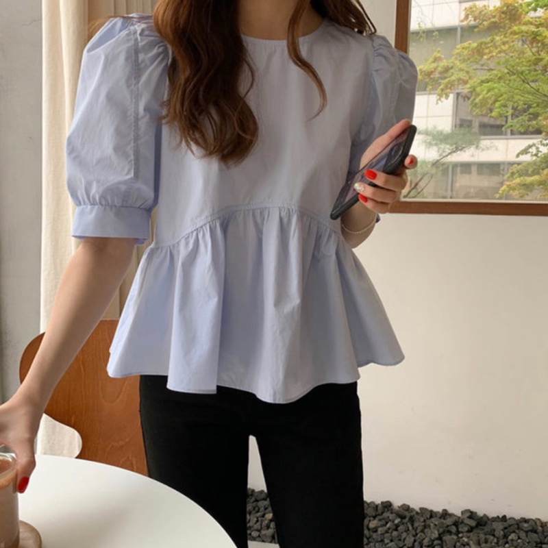 Korean Style Women Ladies Loose Vintage Puff Short Sleeve Shirt Ruffle ...