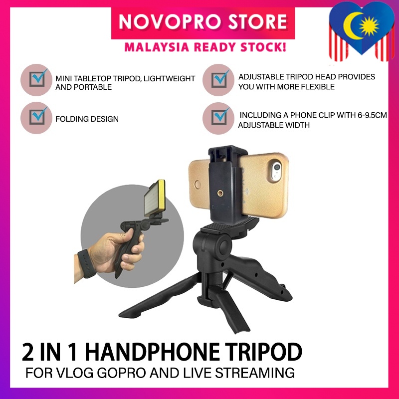 Handgrip Handphone Tripod with Handphone Holder for Vlog Gopro and Live ...