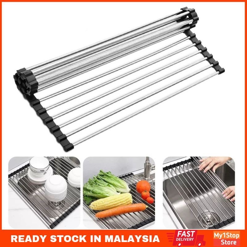 Roll Up Dish Drying Rack Over The Sink Foldable Stainless Steel Dish ...