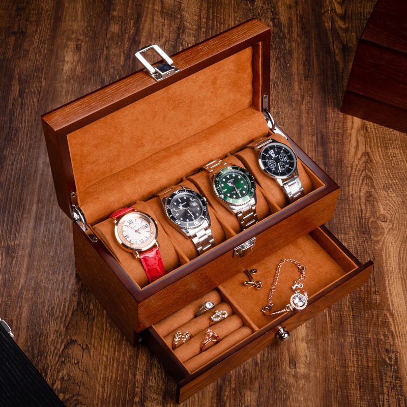 Ezego Wooden double-layer watch storage with jewelry storage box watch ...