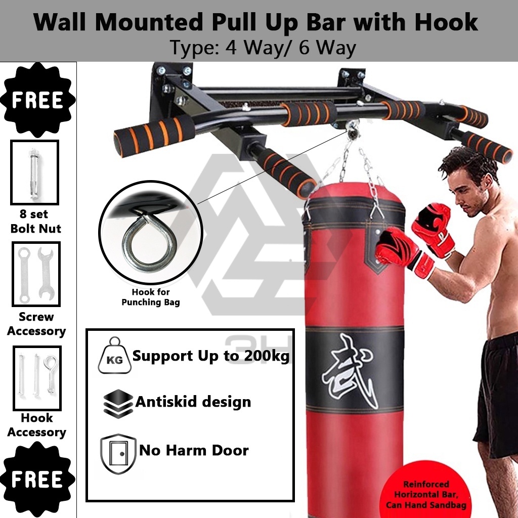 3H Fitness Wall Mounted Pull Up Chin Up Bar with hook for MMA