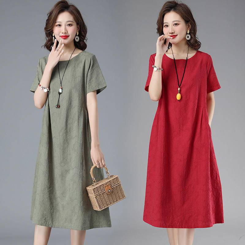 [Ready Stock] 2022 Short-Sleeved Dress Summer New Style Cotton Linen ...