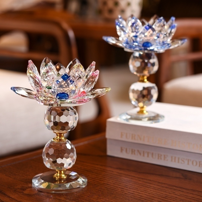 Crystal Glass Lotus Candle Tea Light Holder Buddhist Candlestick Home ...