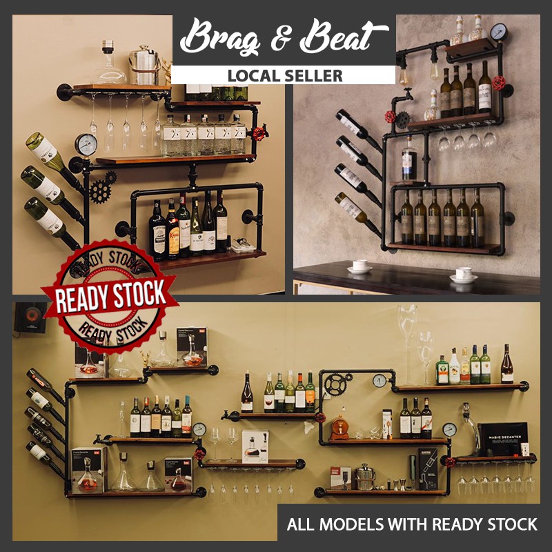 【B&B】INDUSTRAIL STYLE WINE RACK Wall Mount Retro Loft Ledge Wine Bottle ...