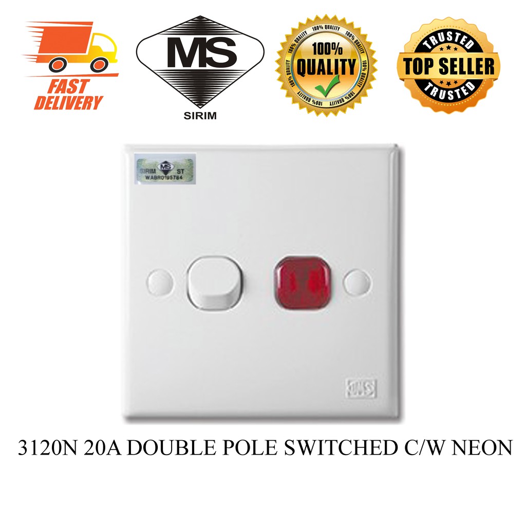 UMS 3 SERIES 3120N 20A Double Pole Switches C/W Neon Water Heater