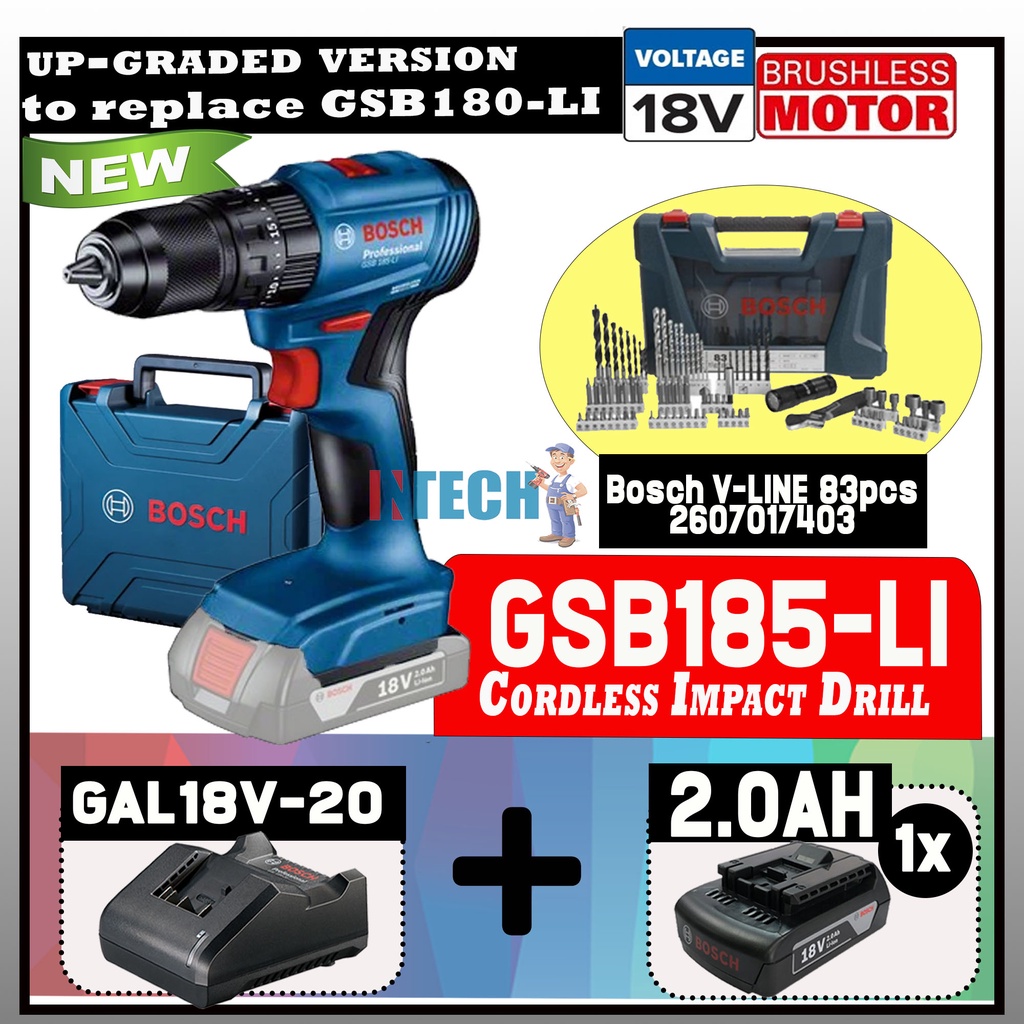 BOSCH 18V GSB185-LI CORDLESS IMPACT DRILL BRUSHLESS MOTOR + V83 DRILL ...