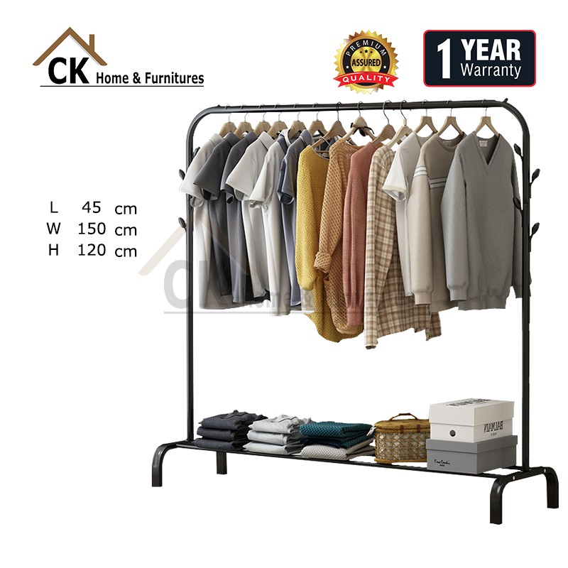 CK Clothes Rack Single Rail Single Layer With Hooks (L120/L150 x W45 x ...