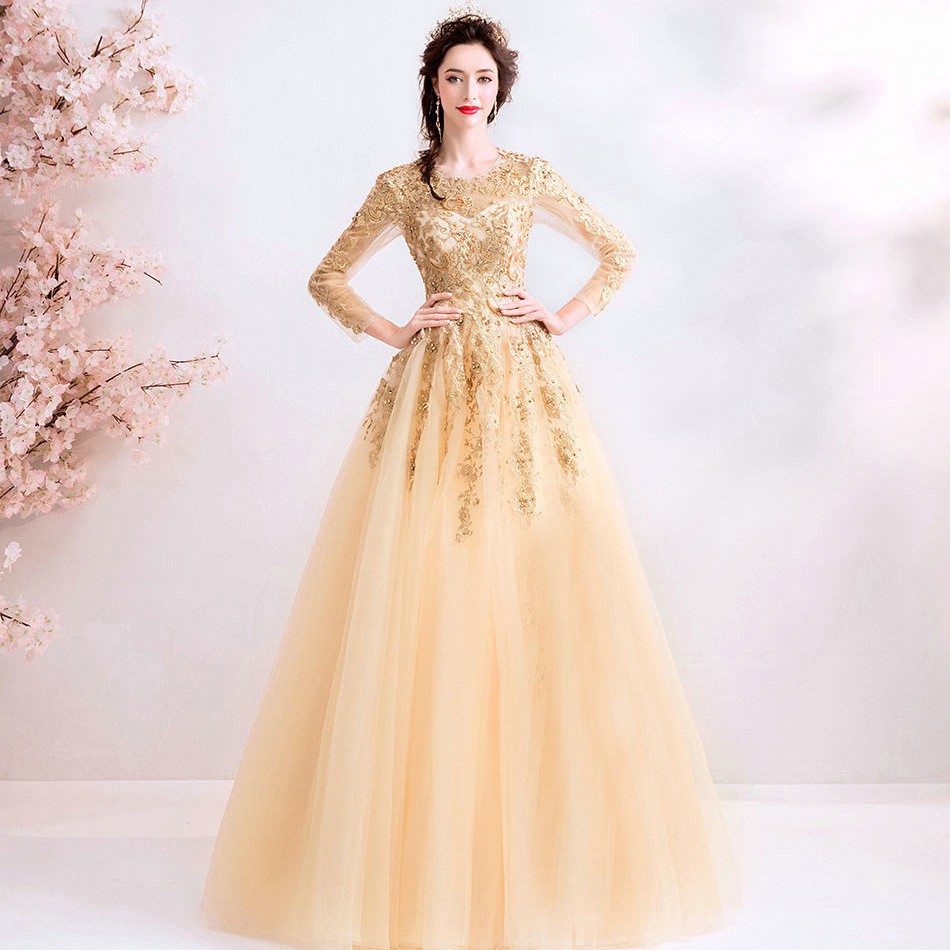 Champanage Gold Formal Wedding Ball Gown Muslimah Women Long Sleeve A Line Dinner Party Luxury Maxi Bride Event Evening Dresses Shopee Malaysia