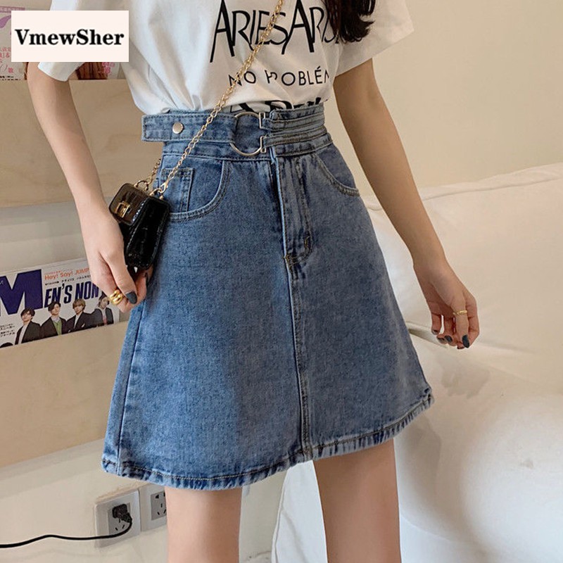 VmewSher New Solid Women Jean Skirts Summer Buckle Denim A-line Mini ...