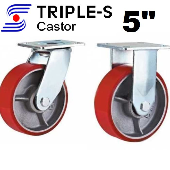 Triple-S 5 Inch/ 125mm Heavy Duty Red PU On Iron Core Castor Wheels ...