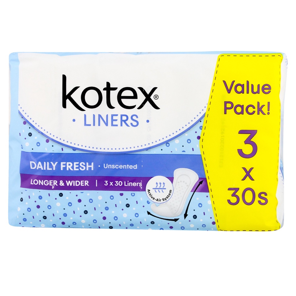 Kotex Daily Fresh Longer & Wider Liners Unscented 17.5cm (30's x 3 ...