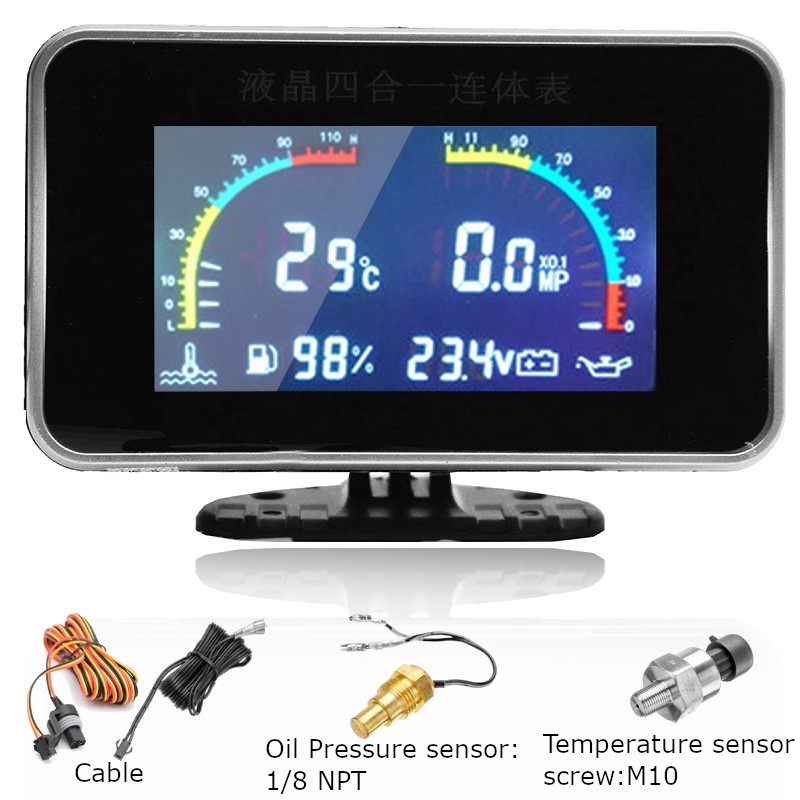 4 In 1 LCD Car Digital Alarm Gauge Pressure Voltmeter Volt Water