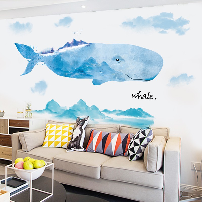 Handpainted personality blue whale wall sticker stickers bedroom