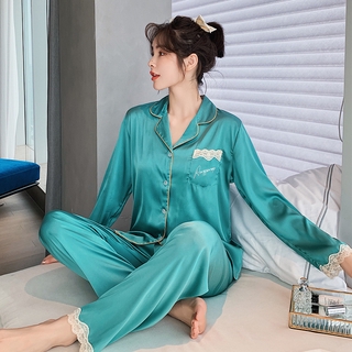Women's Spring Summer Two-Piece Suit Pajamas Ice Silk Satin Thin