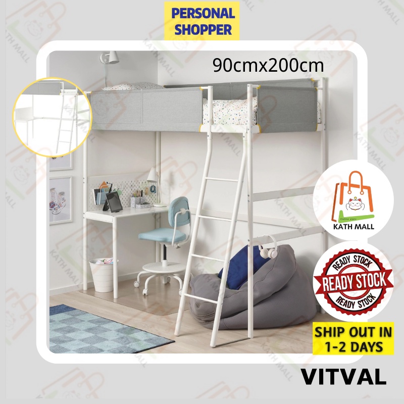 IKEA VITVAL Loft bed frame with desk top, white/light grey90x200 cm I