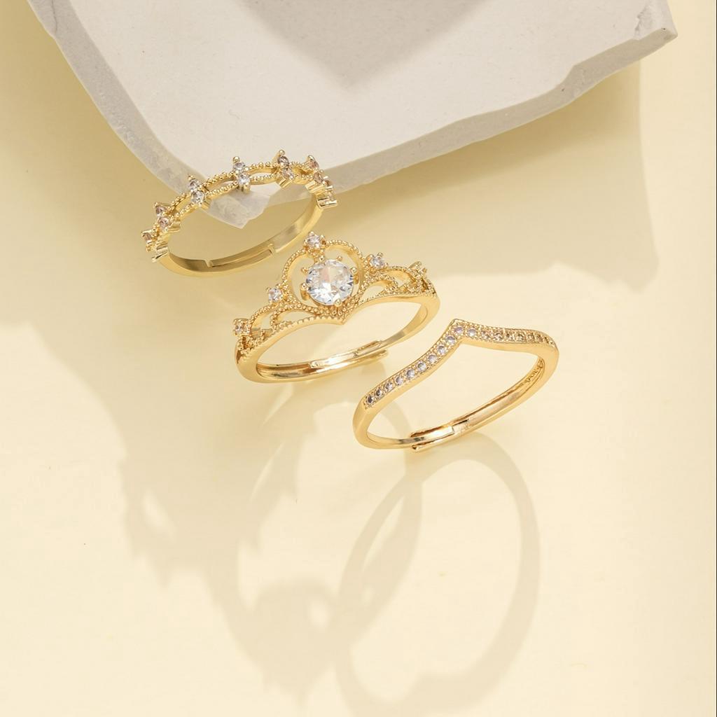 3 Pcs/Set Women's Fashion Elegant Gold Color Crown Zircon Love Heart ...