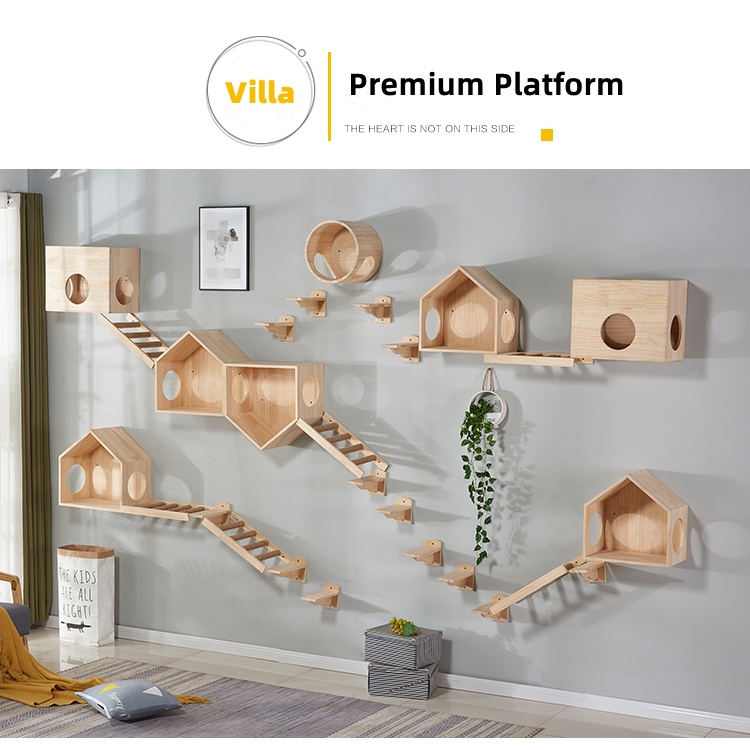 Cat Wall Mounted Solid Wood Climbing House Set Cats Jumping Platform ...