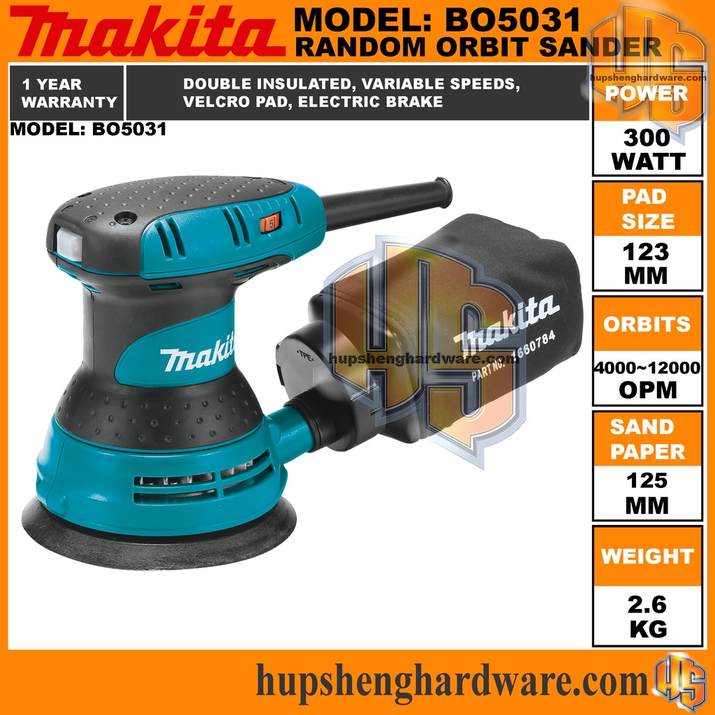 Makita BO5031 Random Orbit Sander Variable Speed 400012000opm Power 300W Velcro Pad 123mm