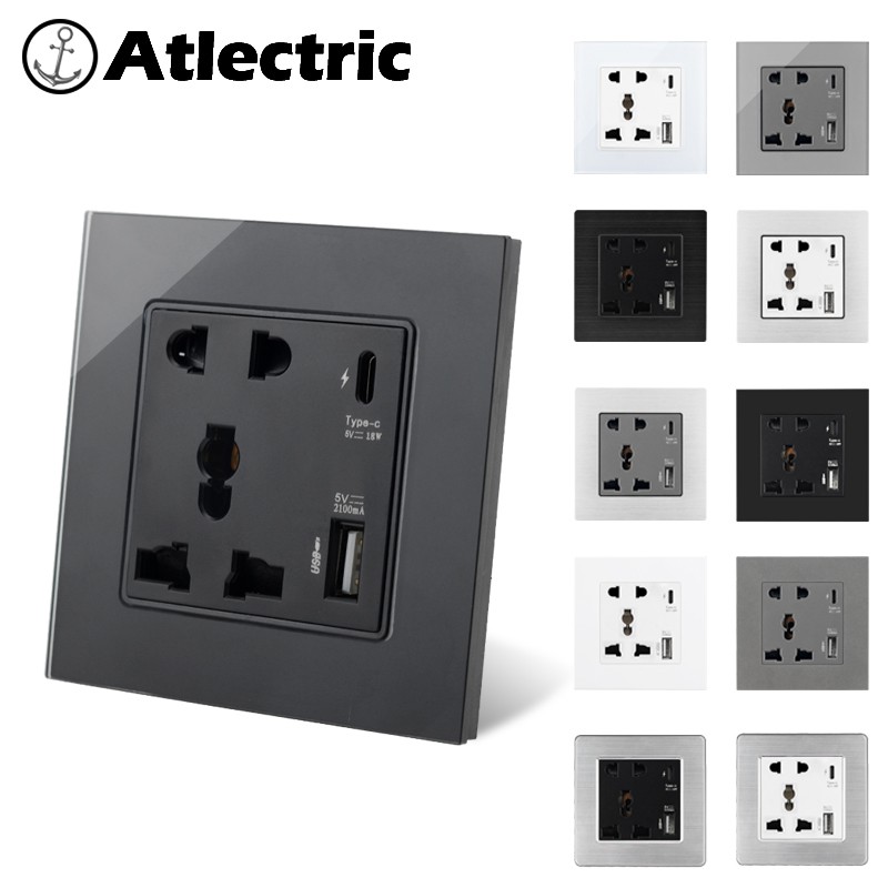 Atlectric Type-C Universal Power Socket 13A With USB Type C Charge Port 18W  4A Black White Gray Wall Electrical Socket 3 Hole 5 Pin