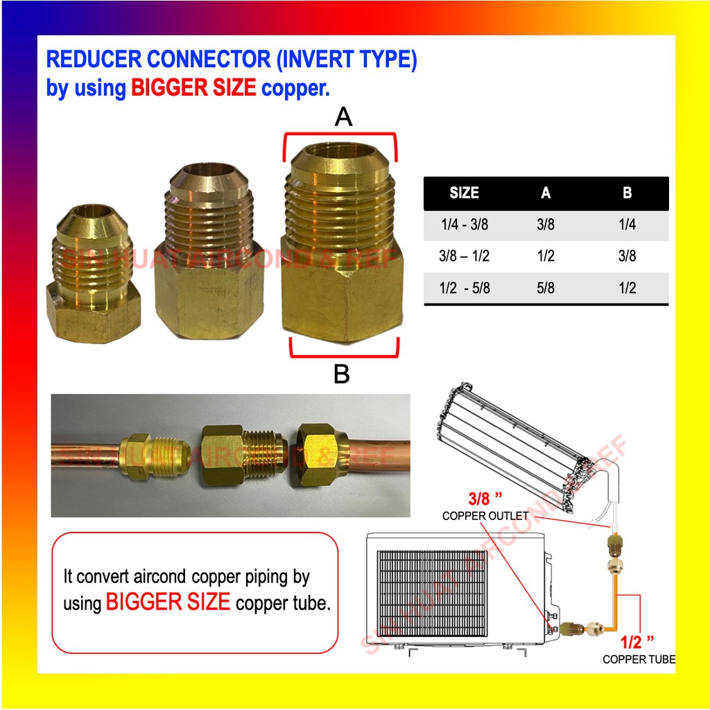 BRASS REDUCER CONNECTOR (INVERT TYPE) FOR AIRCOND / REDUCER FLARE NUT JOINT ENLARGE COPPER PIPE