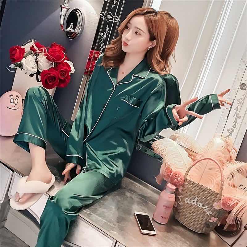 MY]2 Pyjamas Women Girl Long Sleeve Silk Sleepwear Dress Nightwear - Main Image
