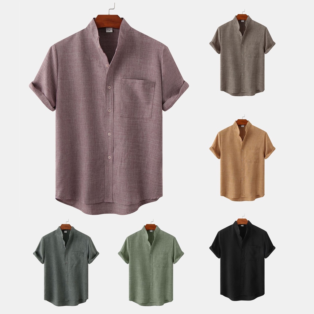 【High Quality】Kemeja Lelaki Solid Color Cotton & Linen Shirt Men Button ...
