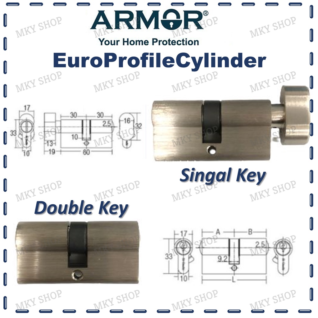 Armor Euro Profile Cylinder Double Key 60mm (grill lock/gate lock