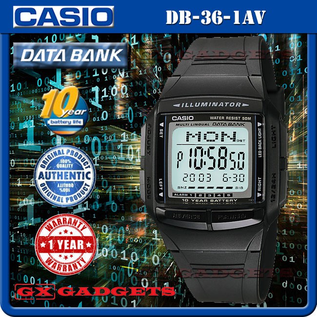 CASIO DATA BANK DB-36-1AV DIGITAL WATCH Telememo30 10Year Battery Dual ...