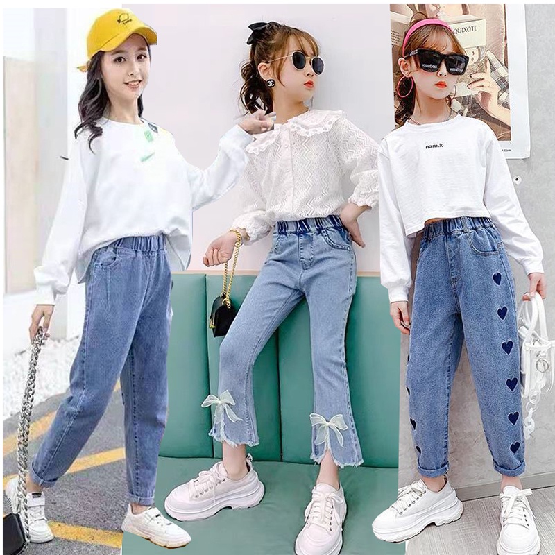 New Fashion Girls Jeans Flare Pants Spring and Autumn Children's Clothing  Kids Plum Embroidered Jeans Blue Denim 3-16Years
