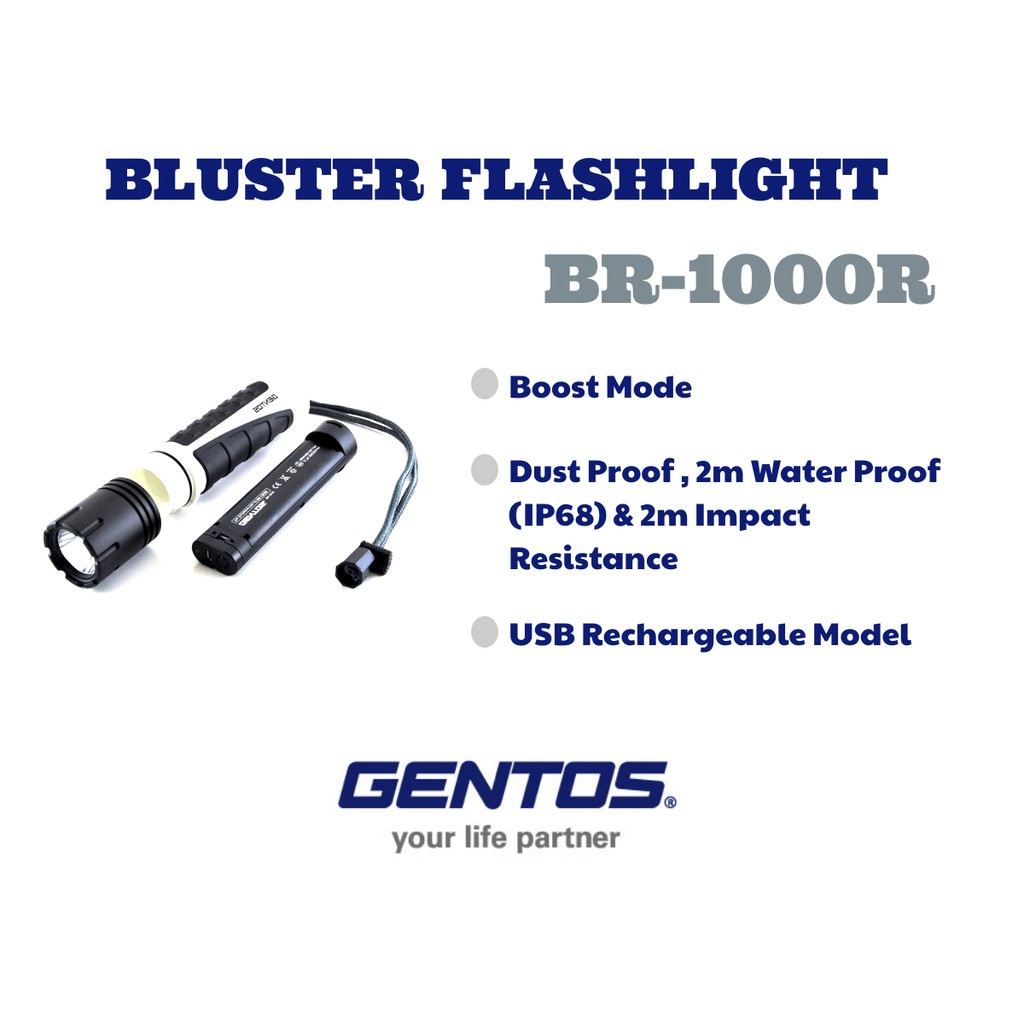Rechargeable Gentos Japan BR-1000R White LED Lights Flashlight Dust Proof  Water Proof Flashligt
