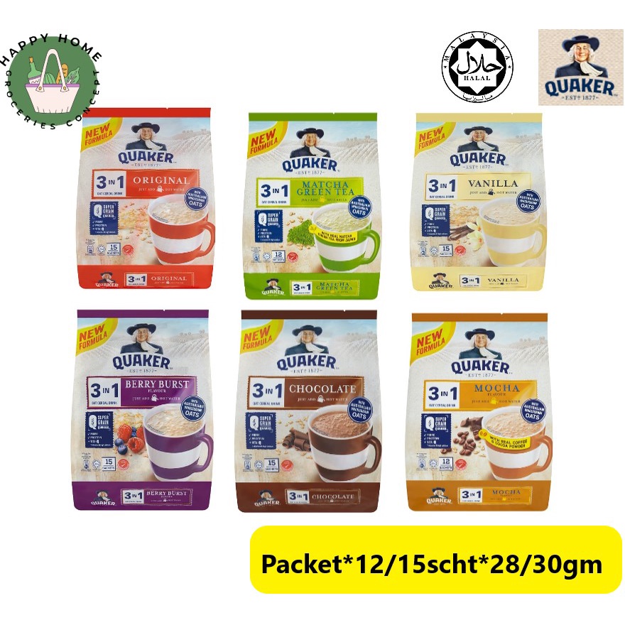 Quaker 3 in 1 Oat Cereal Drink Original/Vanilla/Chocolate/Mocha/BerryBurst/MatchaGreenTea(Packet