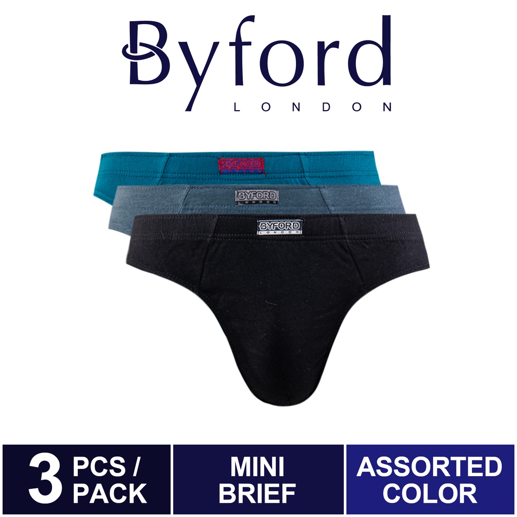 3 Pcs) Byford Mens 100% Cotton Mini Brief Underwear Assorted
