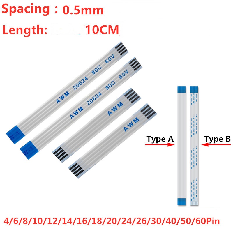 10PCS Flat Flexible Cable FFC FPC LCD Cable A/B Type 100mm 0.5MM 4/6/8 ...