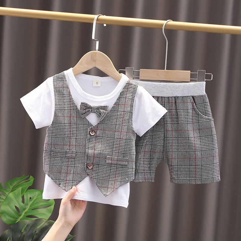 New Summer Baby Boy Gentleman Clothes Suit Infant Plaid Vest Fake Two