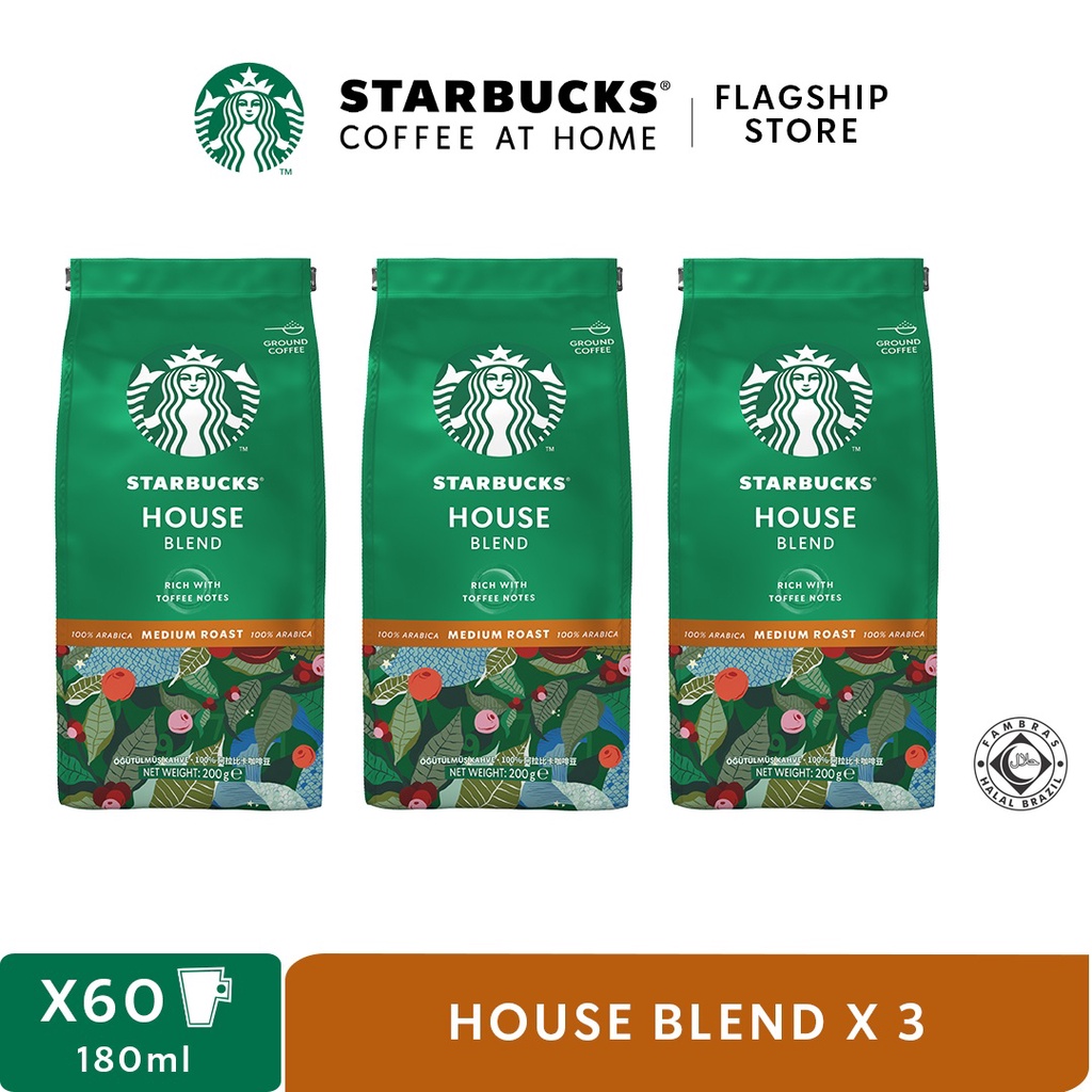 [Pack of 3] STARBUCKS House Blend Medium Roast Ground Coffee, 200g Bag